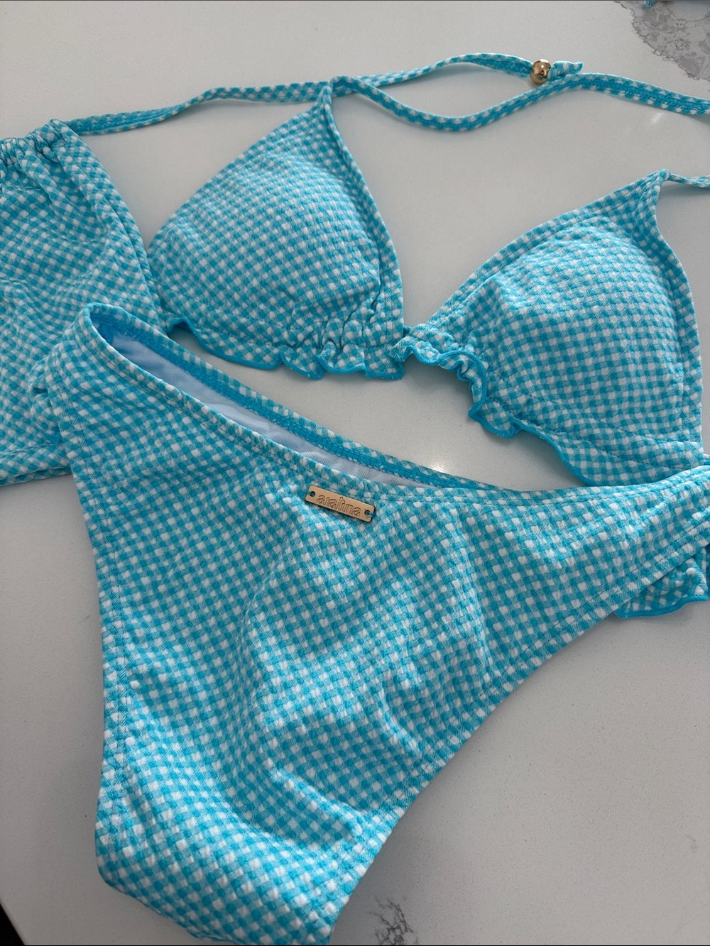 PALACE Aqua Gingham Ruffle Triangle Bikini Set - Picture 2 of 2